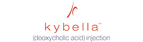 The logo of the brand Kybella in red color